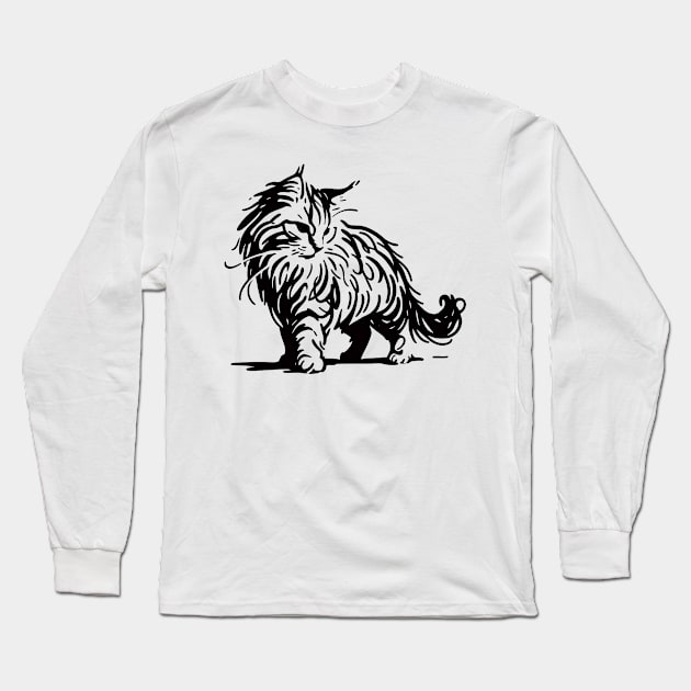 Stick figure of Maine Coon cat in black ink Long Sleeve T-Shirt by WelshDesigns